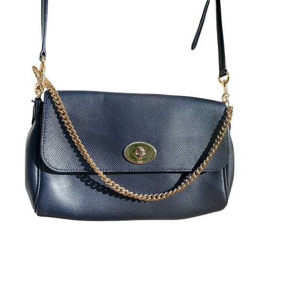 Coach Chain Crossbody Navy Pebbled Leather Gold Hardware - Picture 4 of 9